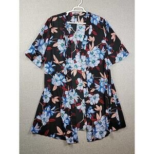 Liz Claiborne Black Floral 1/2 Sleeve Open Duster Women's Plus 0X-1X